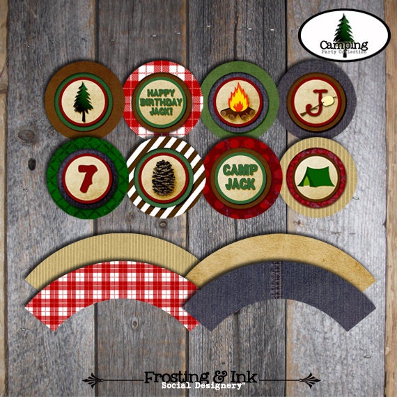 Camping Party - Cupcake Toppers & Cupcake Wrappers  - Customized Printable (Camp, Campout, Camp Out, Outdoor Adventure, Lumberjack Birthday)
