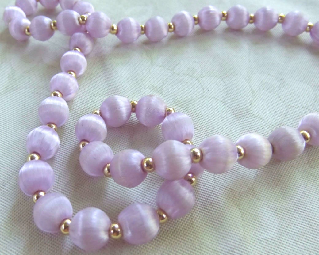 Vintage Lavender Silk Wrapped Beaded Necklace with Gold Tone Seperators