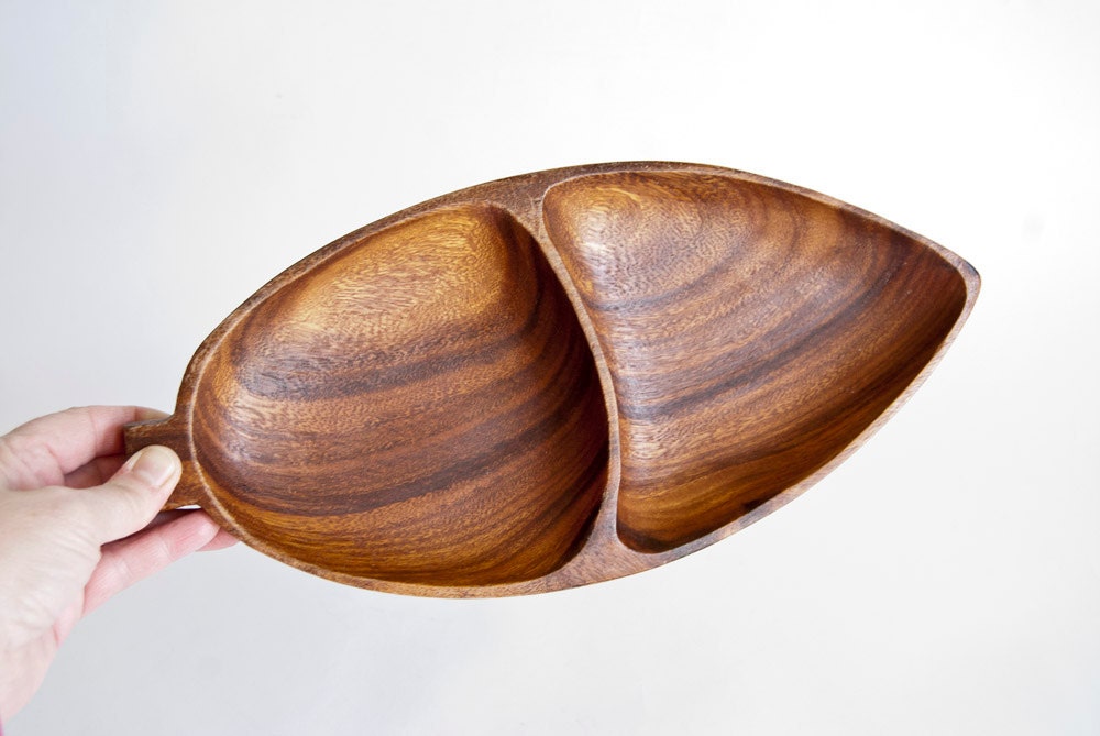 Monkey Pod Wooden Dish -Leaf Shape -Divided Bowl -Serving Tray