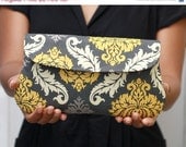SALE - Wedding Clutch/ Bridesmaid Gift Damask in yellow and gray