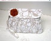 SALE - Pleated Clutch White Linen with Brown Flower