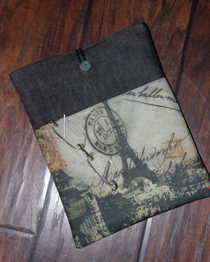 iPad 1, 2 and 3 sleeve, cover with vintage Paris, France postcard and lilnen --free shipping in the U.S.