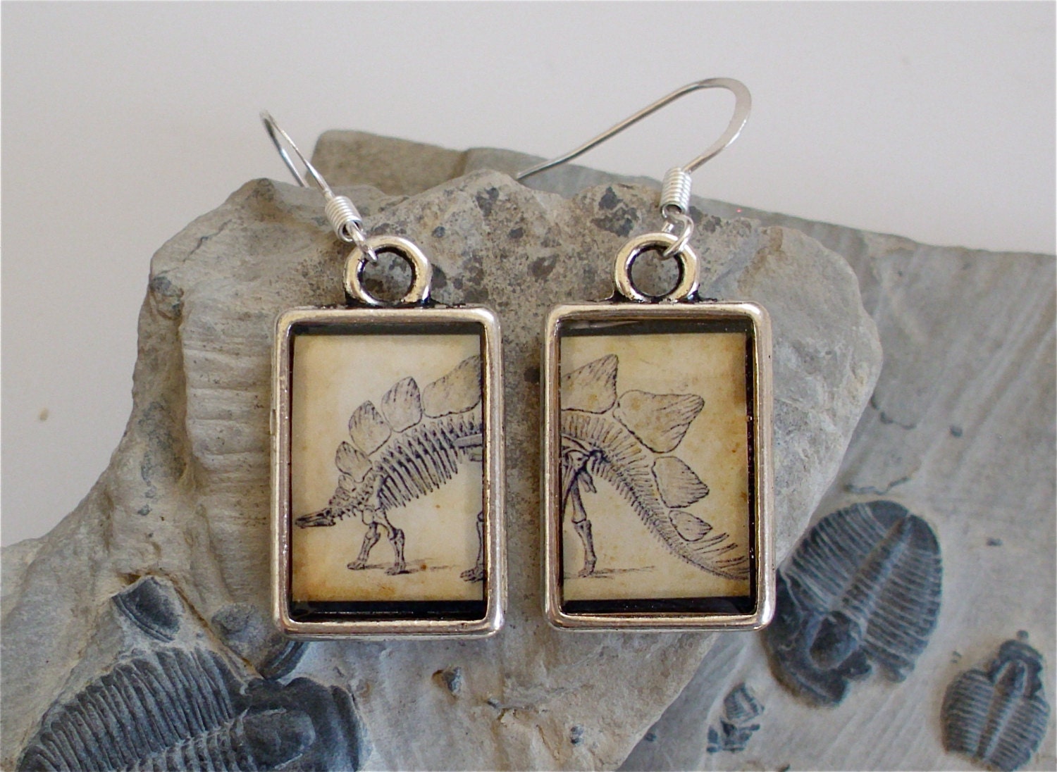 Dinosaur Dangle Earrings - Stegosaurus - DOUBLE-SIDED Antique Fossil Print Jewelry in Silver - Dino