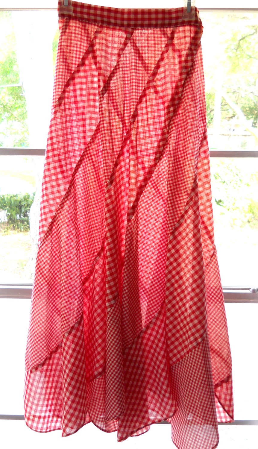 Darling red and white checked maxi skirt with uneven hem: xs/s