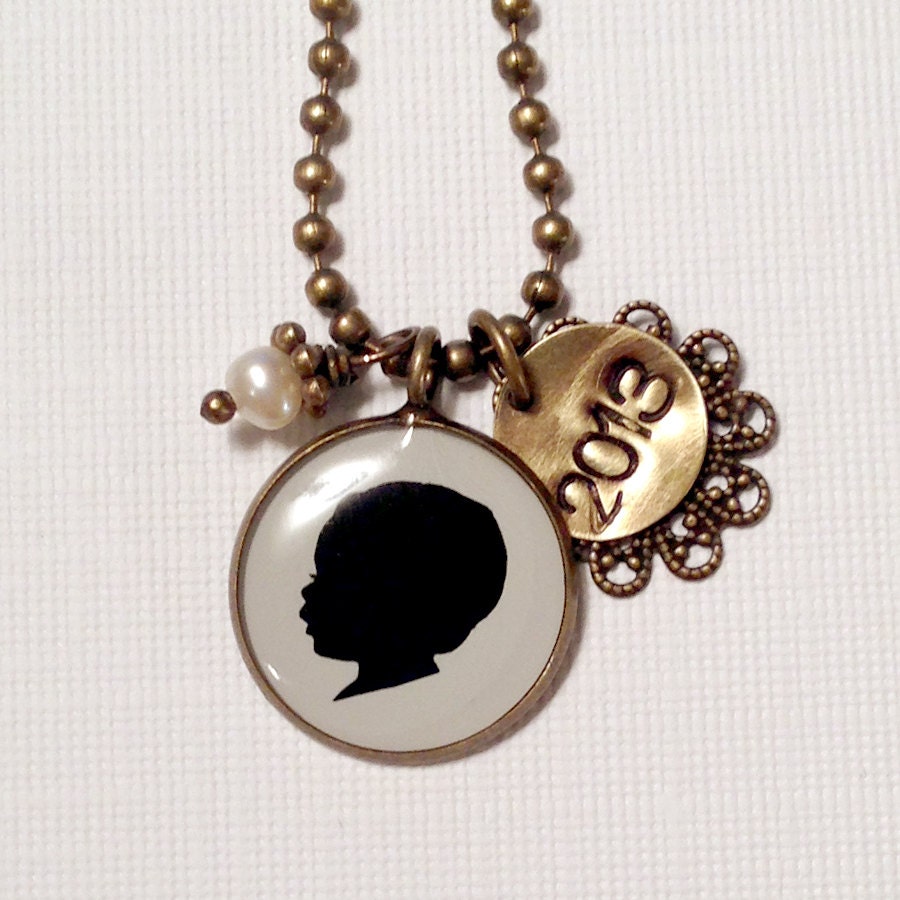 Mother's Day Necklace with One LargeChild or Pet Brass Silhouette Charm, Stamped tag & pearl