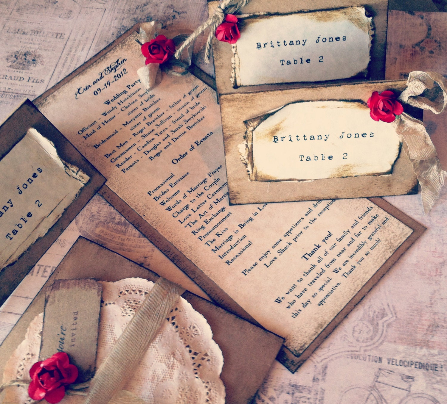 Wedding Package Red rose kraft brown Ivory Tent card Menu Program