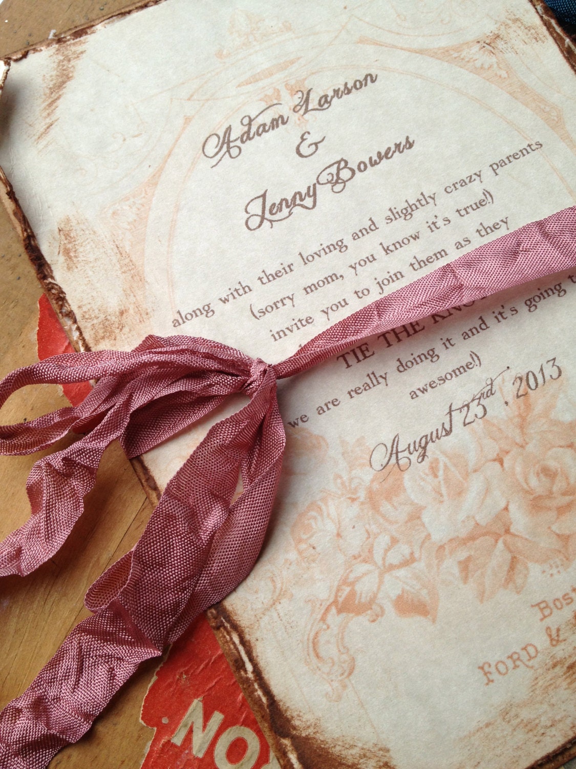 Sepia Wedding invitations Vintage style Teal Red Gold Ivory Dusty Rose Peach Navy