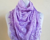 Womens scarf "Lily" in LILAC with floral pattern and teardrop lace edge - scarflette shawl neckwarmer