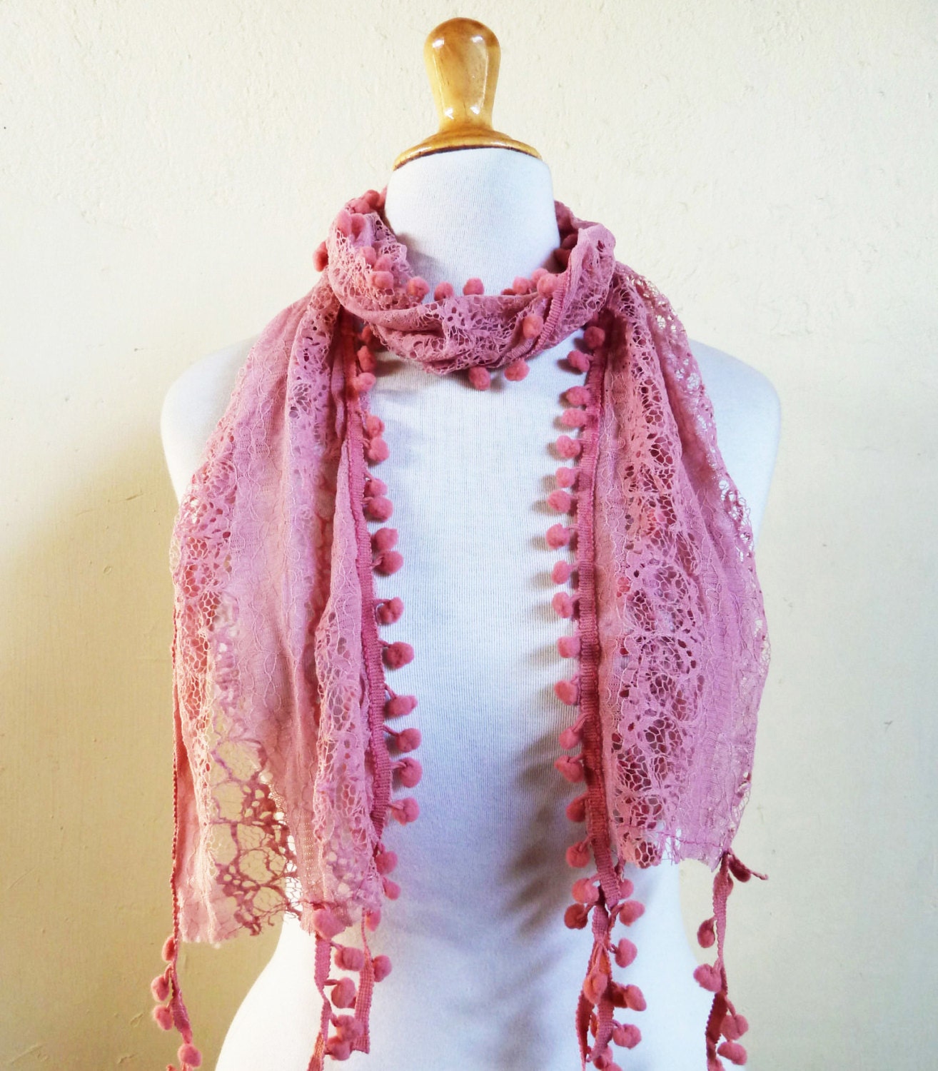 Womens Summer/Spring scarf in PINK with rich lace and pompom edge - scarflette shawl neckwarmer - accessories