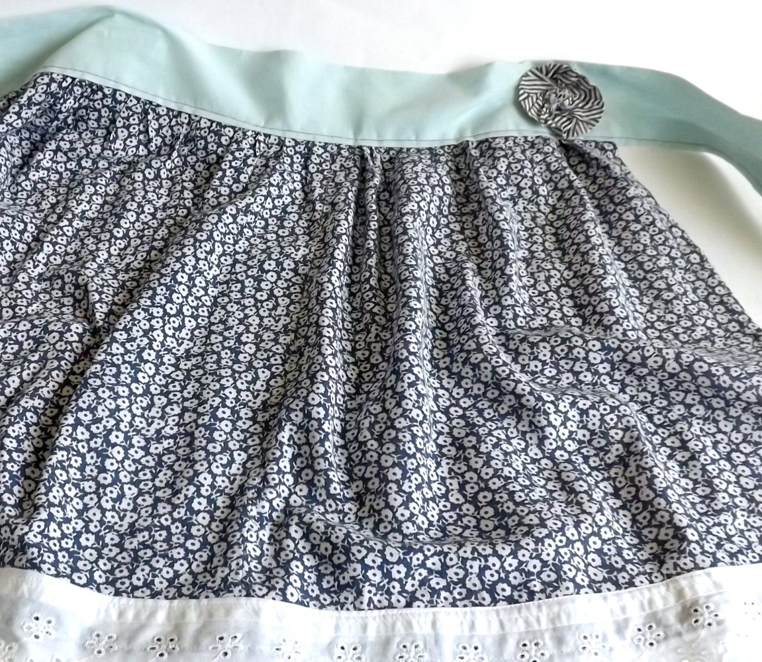 Apron - Waist Grey and White Striped rosette yo-yo flower, with navy and white floral print, and eyelet trim  Upcycled, repurposed