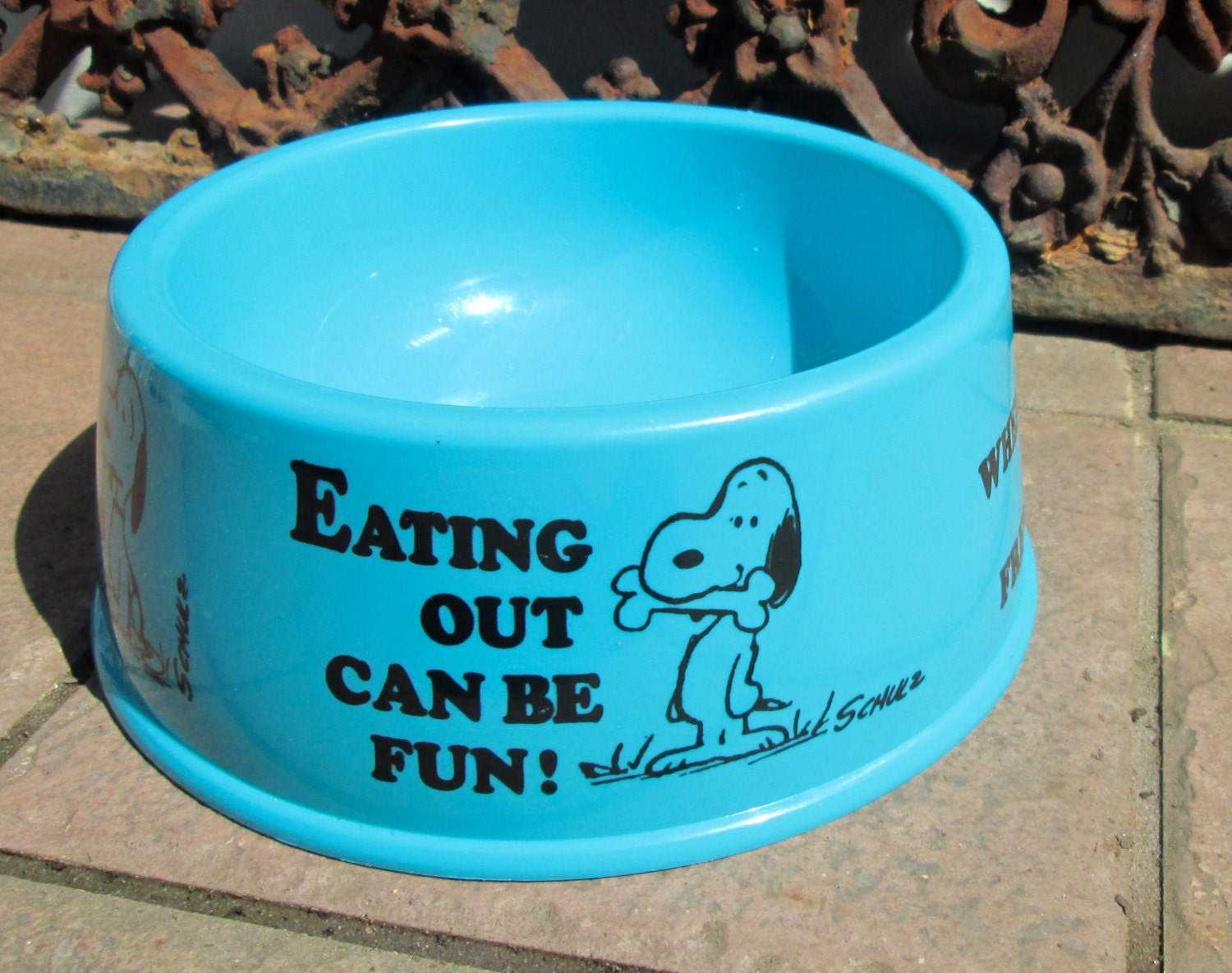 DOGGY DISH: Snoopy Peanuts 1970 blue plastic for SMALL dog - pet gift, collectible, Charles Schulz