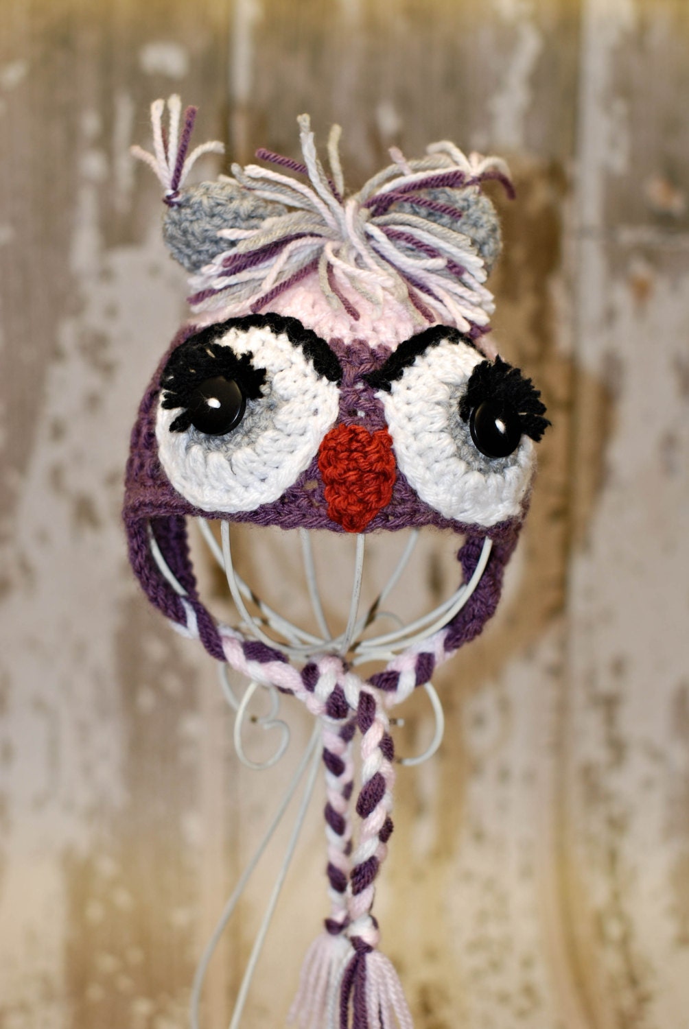 Newborn Baby Hat  Mauve & Pink Owl with black eyelashes..