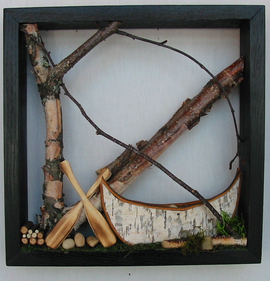 Framed Canoe Woodland Scene - Birch Bark Canoe, Paddles, Birch Twigs, Shadow Box, Urban Rustic