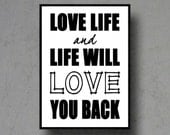 live love life typographic art print quote poster inspirational black white typography 8x10 home decor motivational