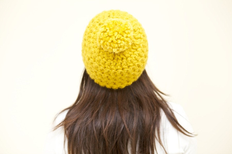 Pom Pom Hat - Pom Pom Beanie - Chunky Mustard Pom Pom Hat in Mustard Yellow - Other Colour Options Available