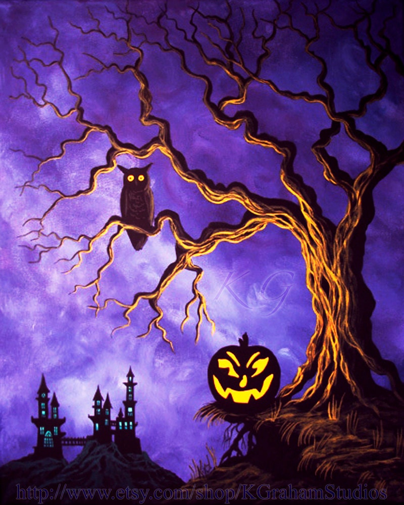 Gothic Castle Owl Halloween Fine Art Print of an Original Painting by K Graham Jackolantern Creepy Tree