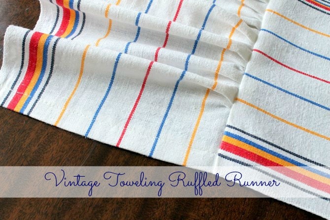 Table Runner made from vintage antique linen toweling red blue stripes 59 x 16
