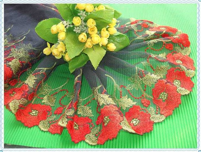 2 yards Lace trim Dark Blue Mesh Lace Red  Embroidered Roses Lace Rosette Wedding Dress DIY Handmade Accessory 7.87 inches wide A1093