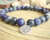 Mens Star Bracelet - Blue Stone Beads Sodalite with Fine Silver Star of David Charm, Indigo Blue Beaded Bracelet, Hexagram
