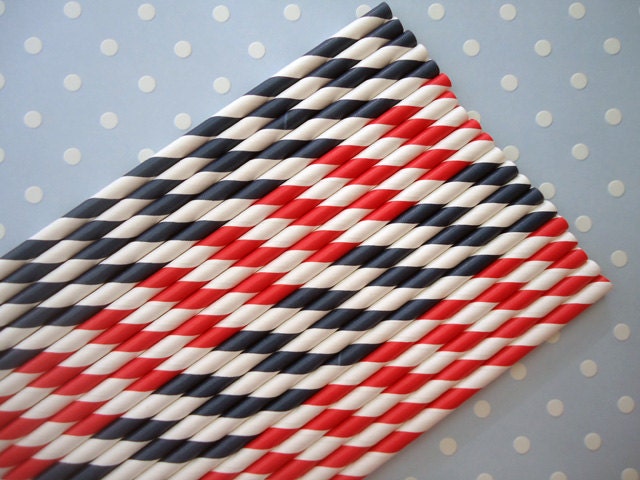 Paper Straws - Anchors Away Duo - Navy and Red Striped Straws (30) - Includes Printable Flag Pennants