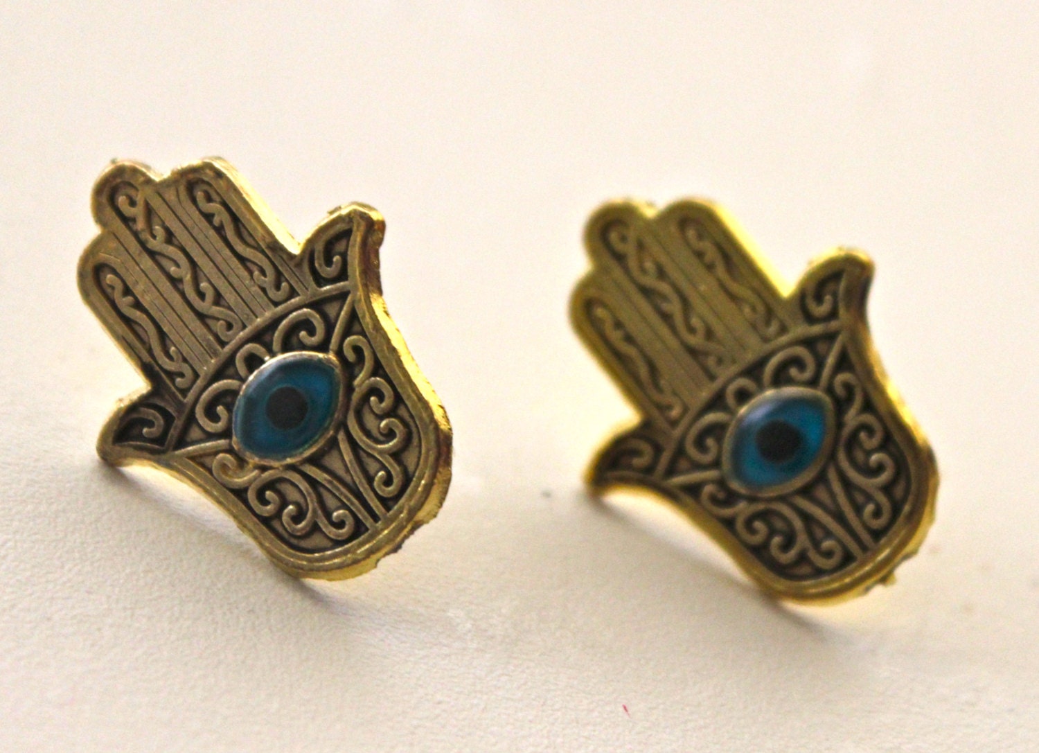 Post Gold Earrings Evil Eye Hand of Fatima Middle Eastern Turkish