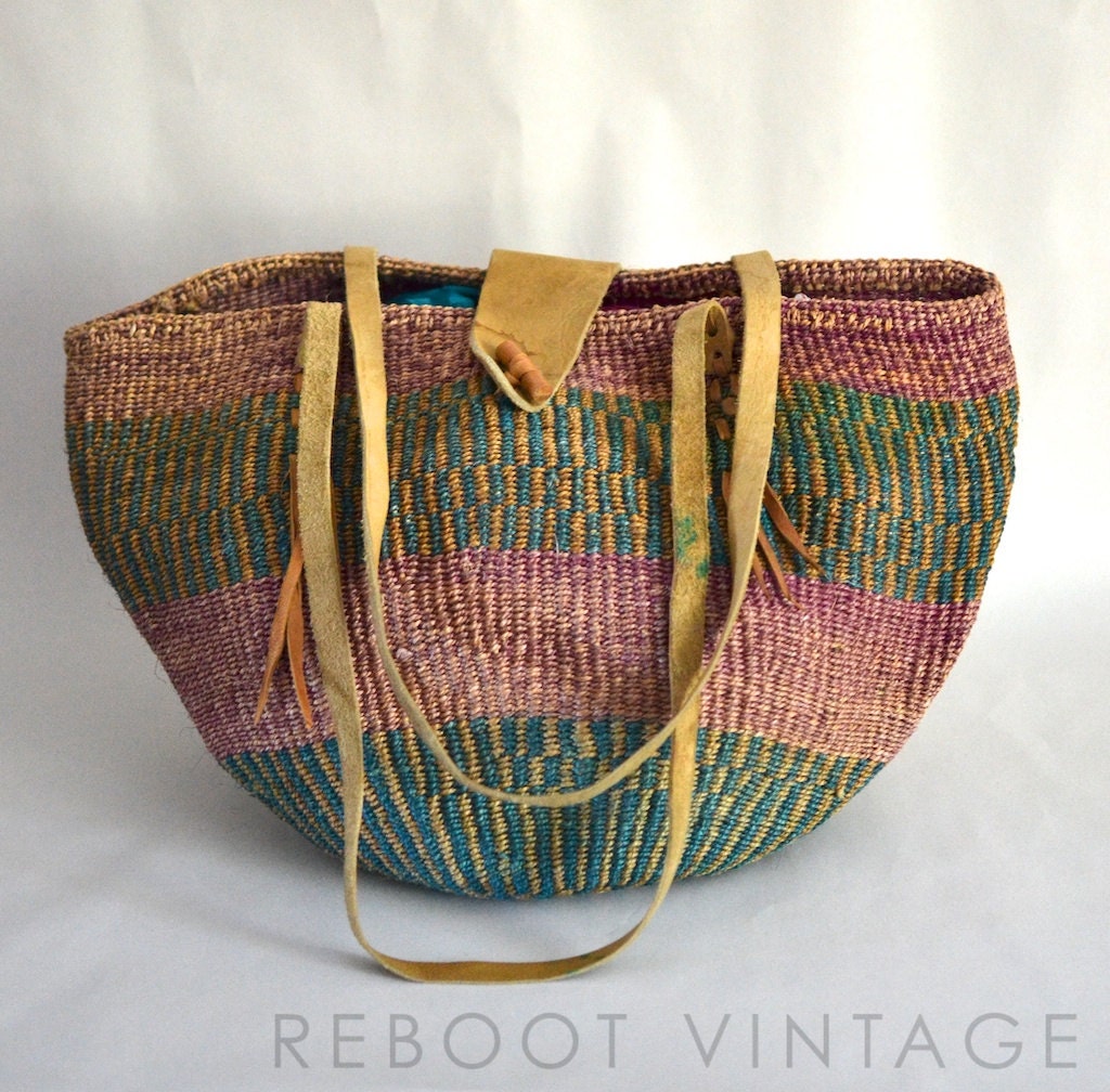 Vintage 80s XL Woven African Sisal Market Tote Bag - Berry and Teal