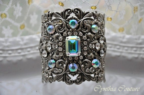 Bridal Cuff Bracelet,Swarovski Crystal,Crystal Ab,Vintage Style Cuff,Filigree Cuff,Rhinestone Cuff,Antique Silver,Huge