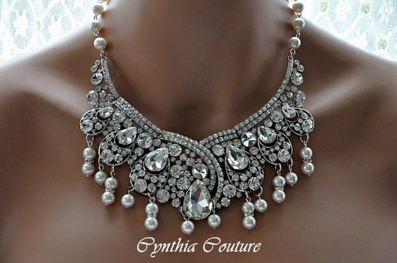 Bridal Necklace and Earring Set,Bridal Jewelry Set,Statement Necklace,Vintage Style,Swarovski Crystal and Pearl Necklace,Wedding Necklace