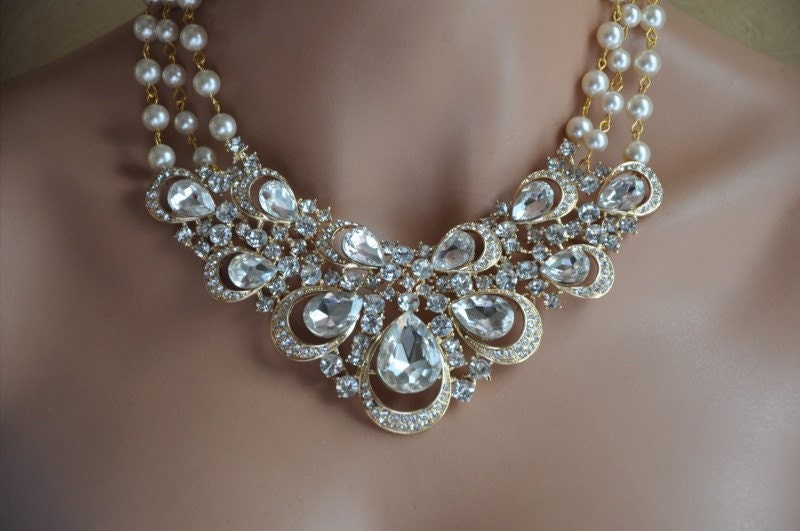 Bridal Jewelry Set,Statement Necklace,GOLD JEWELRY,Swarovski Crystal Crystal Ab and Pearl Necklace,Bridal Necklace and Earring Set,GOLDIE