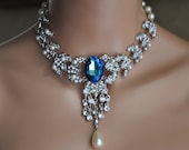 Bridal Jewelry Set,Bridal Statement Necklace,Swarovski Crystal BERMUDA BLUE and Pearl Necklace,Vintage Wedding,Bridal Bib Necklace