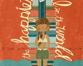 The Happiest Girl in the World, Surfer Girl Art Print. Girl with Surfboard and Hand Lettered Script.