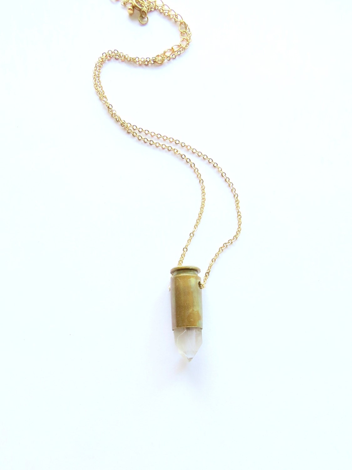 AMMO, Natural Crystal Quartz Bullet Necklace, Recycled Bullet, Rough Stone