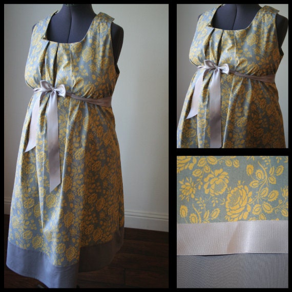 Maternity Hospital Gown- Gray with Yellow Flowers, Gray Band (Labor and Delivery Hospital Gown)