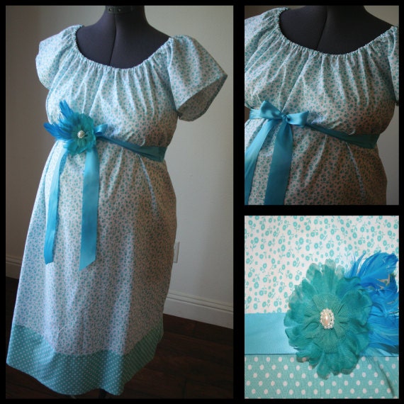 Maternity Hospital Labor Gown-White, Teal Flowers, Polka Dot Band, Removable Floral Broach- can be worn in hair