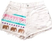 Tribal Aztec Elephant Waves Shorts Hand Painted Vintage Distressed High Waisted Denim Cut Offs Coachella Boho Hipster W28