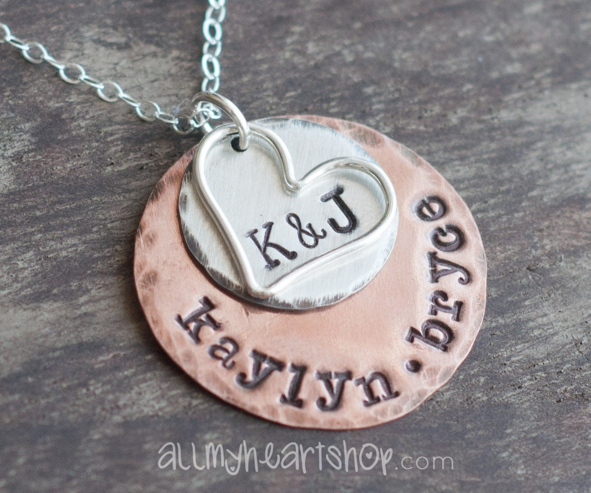 Personalized Stacked Mommy Necklace with Heart - Sterling Silver and Copper