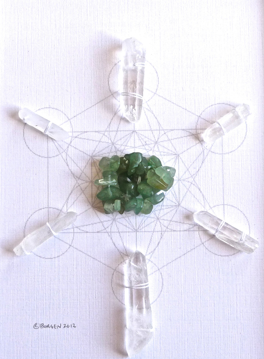 DEEP HEART HEALING --- framed sacred crystal grid --- green aventurine, quartz points