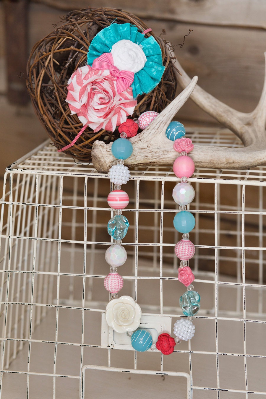 Chunky Necklace w/matching headband in coral, turquoise, and white