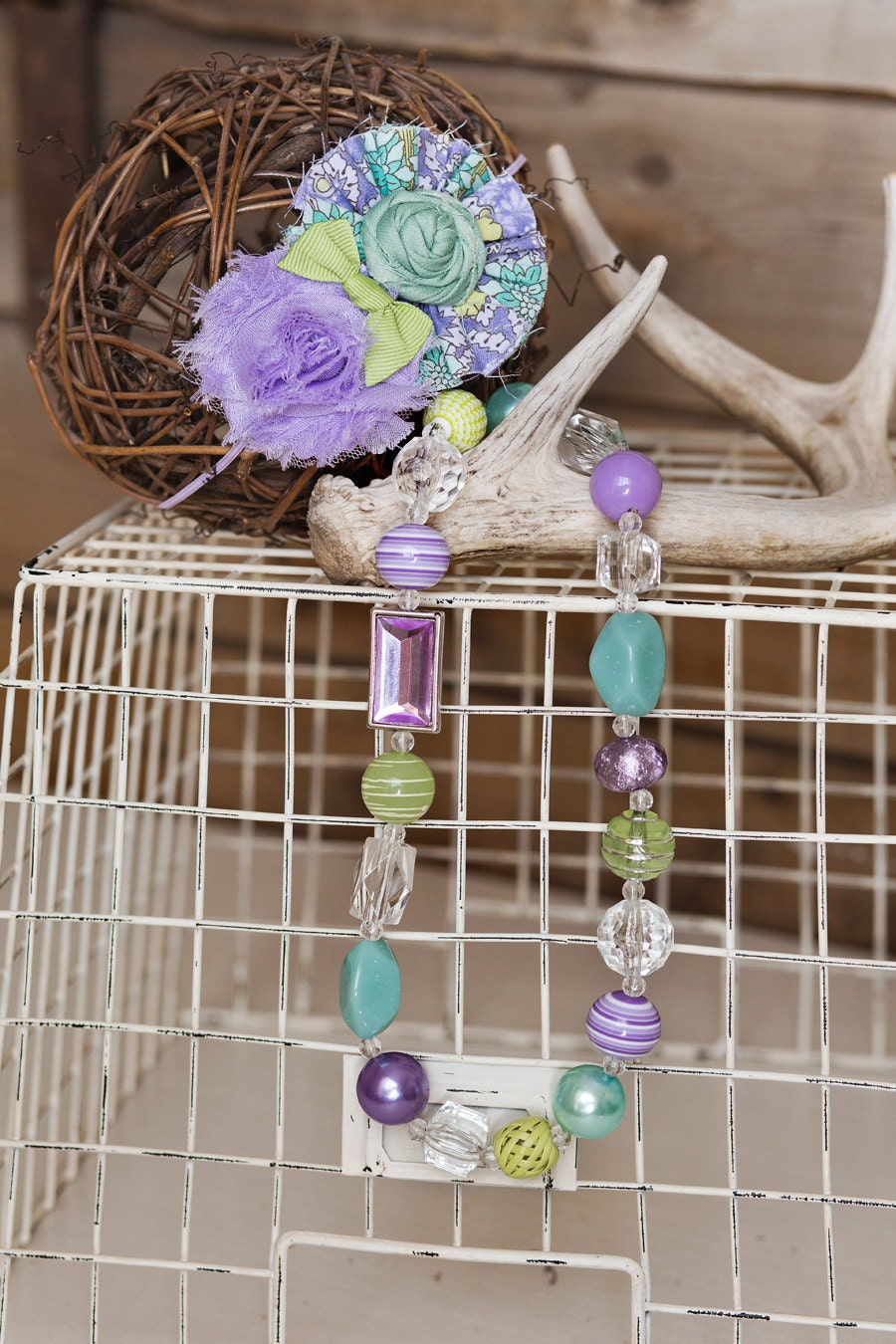 Chunky Necklace w/matching headband in Lavender, Mint, and Pea Green