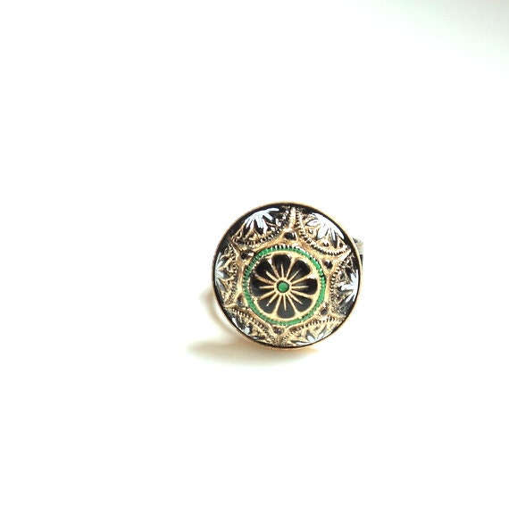 Black gold green white flower round glass vintage-inspired ring with adjustable band.  Statement ring.  Cocktail ring.