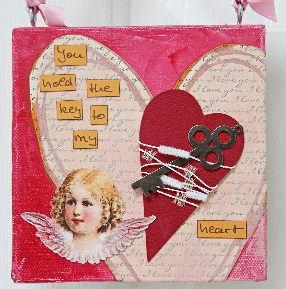 Vintage Angel Mixed Media Hanging Heart And Love Canvas