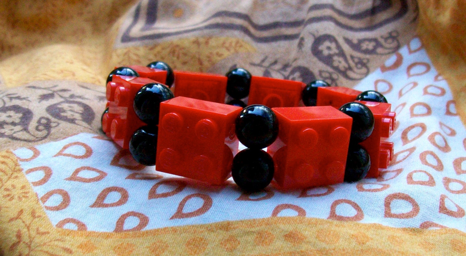 2x2 Red and Black Lego Brick Stretchy Cord Bracelet