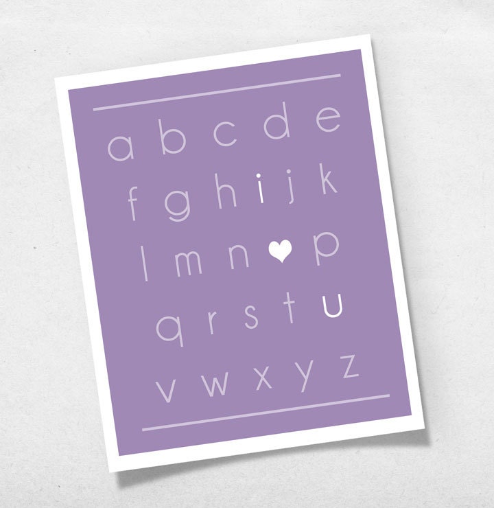 ABC Alphabet I love you Modern Nursery Art Print Wall Art Poster Baby Room - 8 x 10 Custom Color  heart love Decor 8x10 Funny Print