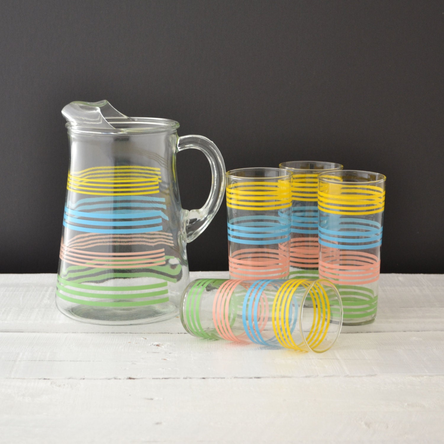 Vintage Drinkware Set - Pastel Stripe Bands - Vintage Pitcher - Glass Drinking Glasses - Cooler Tumbler -  Lemonade Set of 5