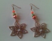 Bohemian Copper Flower and Metalic Coral Large Drop Earrings, Copper Filigree Flower Power Long Earrings, Moms Day Gifts, Prom Jewelry