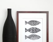 SALE LIMITED EDITION Three Tribal Fish Nautical Illustration Art Block Print 8 x 10 Home Decor / Black, Turquoise / Hand Pulled Linocut