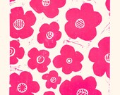 Abstract Floral Linocut Art Print / 8 x 10 Home Decor / Hot Pink, Red, Lt Pink / Nature