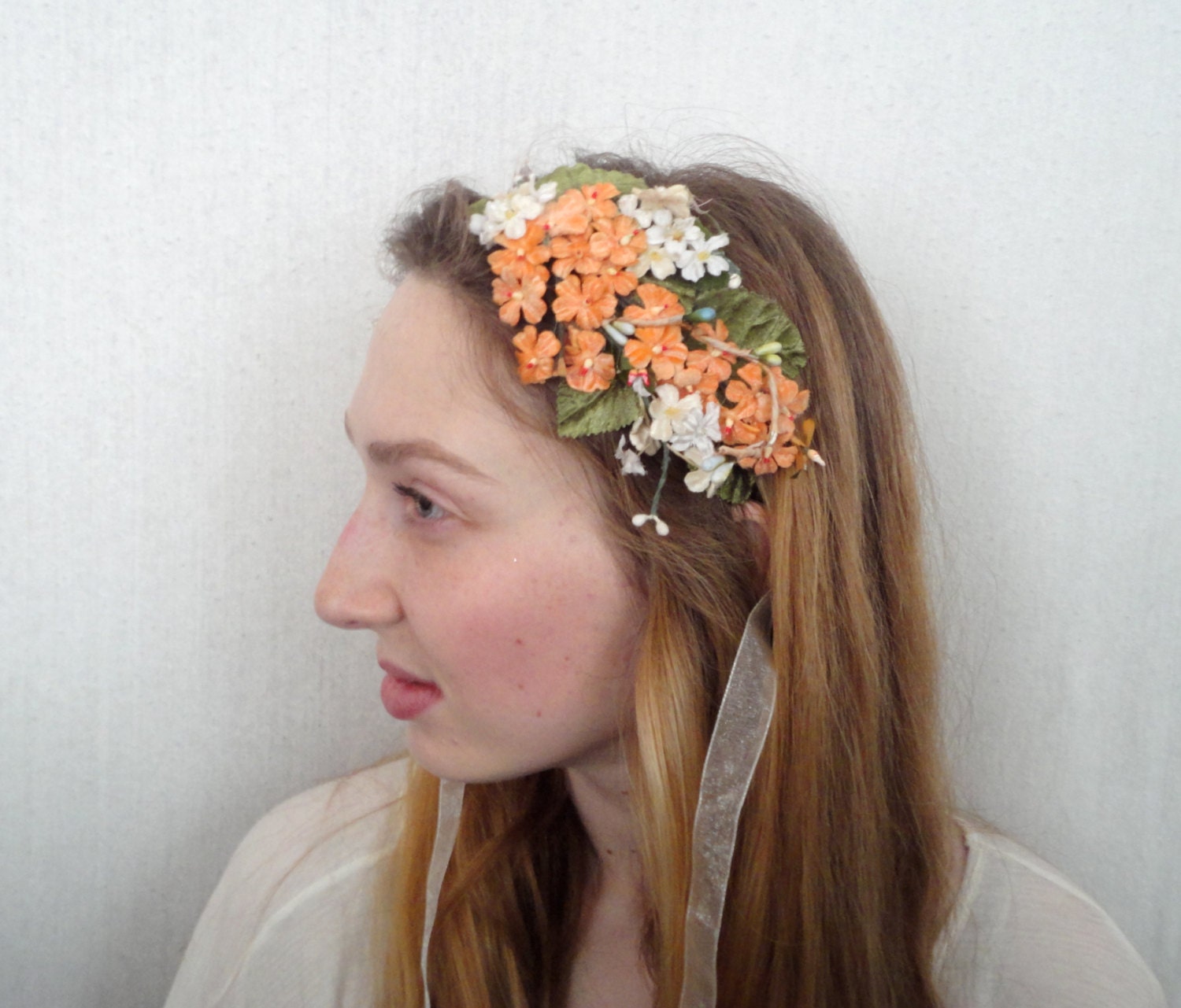 Floral Hair Fascinator, Peachy Coral and White