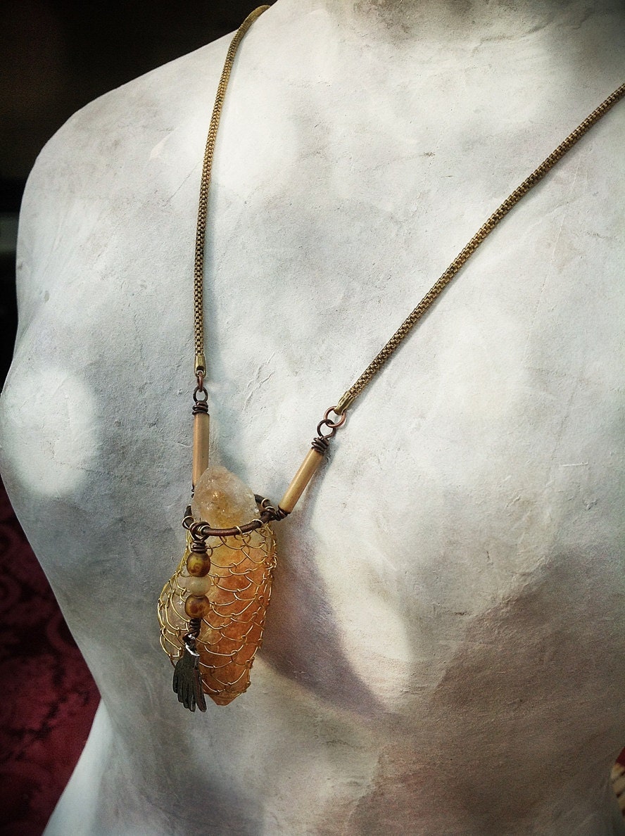 Wrapped raw citrine and hand amulet gemstone pendant necklace