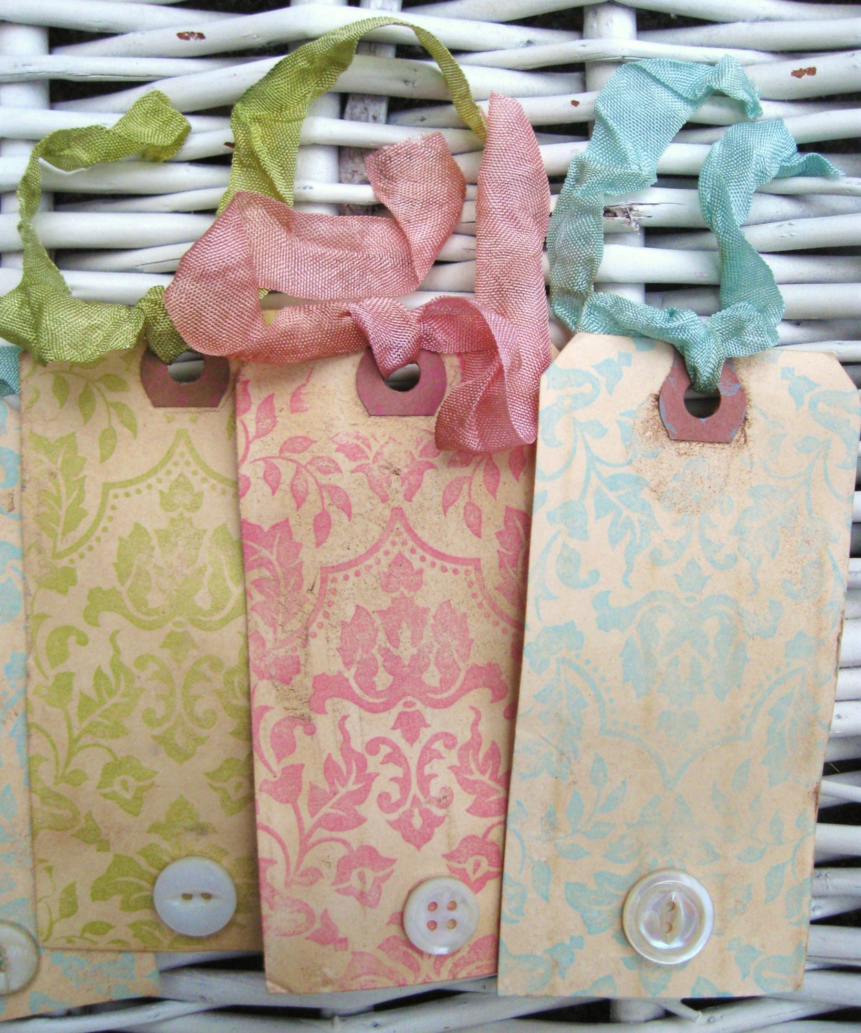 All Occasion Damask Shabby Chic Pink Aqua Green Vintage Grunged Gift Tags, Vintage Hang Tags, Scrapbooking Journaling Paper Goods Gift Wrap